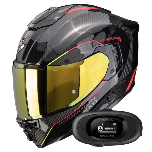 Full Face Scorpion Exo 1500 Carbon Air Mundi Black Red Yellow + Kit bluetooth 5R Lite Solo