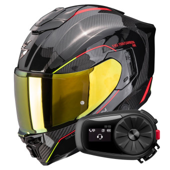 Full Face Scorpion Exo 1500 Carbon Air Mundi Black Red Yellow + Kit Bluetooth 5S Solo
