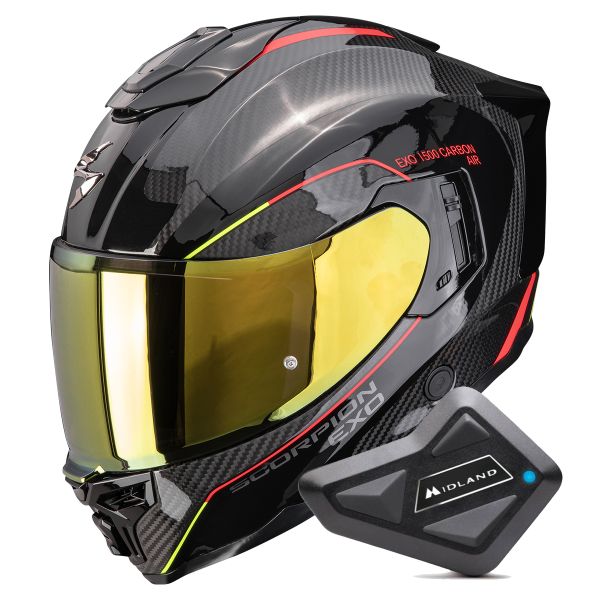 Full Face Scorpion Exo 1500 Carbon Air Mundi Black Red Yellow + Kit Bluetooth BT Mini