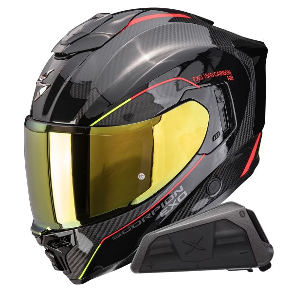 Full Face Scorpion Exo 1500 Carbon Air Mundi Black Red Yellow+Kit bluetooth Exo-Com Link-1