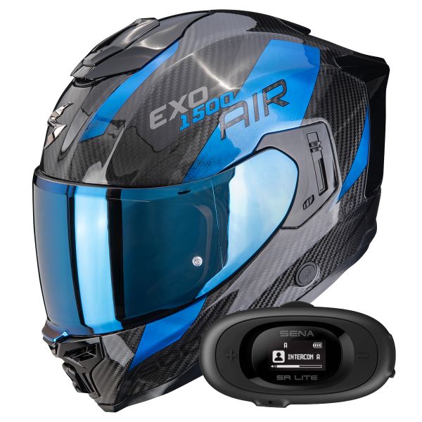 Full Face Scorpion Exo 1500 Carbon Air Platted Black Blue + Kit bluetooth 5R Lite Solo