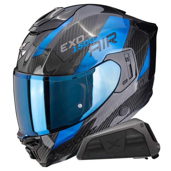 Full Face Scorpion Exo 1500 Carbon Air Platted Black Blue + Kit bluetooth Exo-Com Link-1