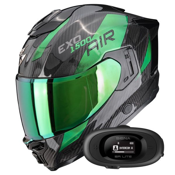 Full Face Scorpion Exo 1500 Carbon Air Platted Black Green + Kit bluetooth 5R Lite Solo