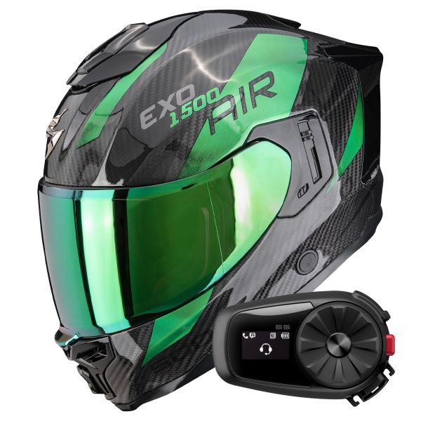 Full Face Scorpion Exo 1500 Carbon Air Platted Black Green + Kit Bluetooth 5S Solo