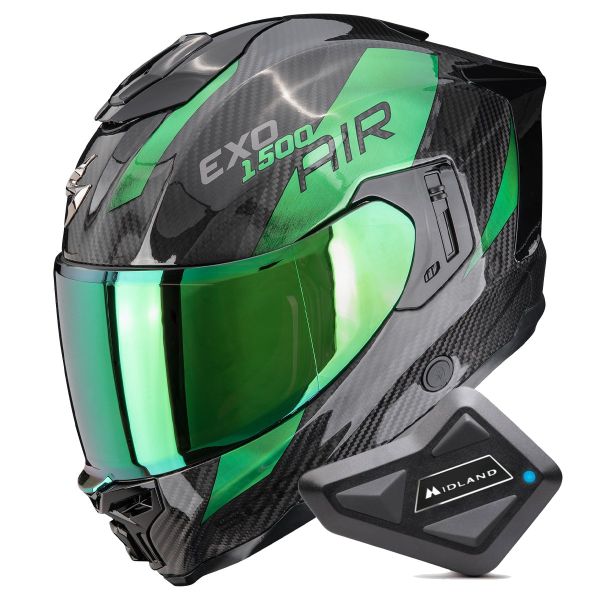 Full Face Scorpion Exo 1500 Carbon Air Platted Black Green + Kit Bluetooth BT Mini