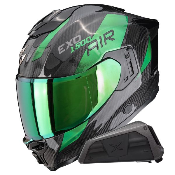 Full Face Scorpion Exo 1500 Carbon Air Platted Black Green + Kit bluetooth Exo-Com Link-1