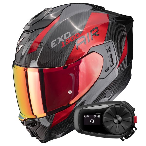 Full Face Scorpion Exo 1500 Carbon Air Platted Black Red + Kit Bluetooth 5S Solo