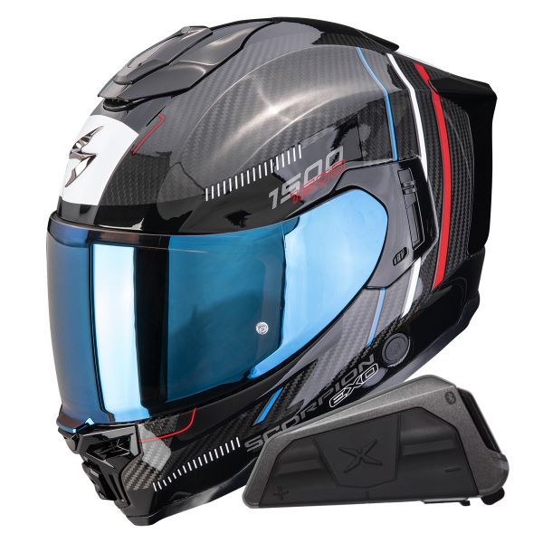 Full Face Scorpion Exo 1500 Carbon Air Zity Black Red Blue + Kit bluetooth Exo-Com Link-1