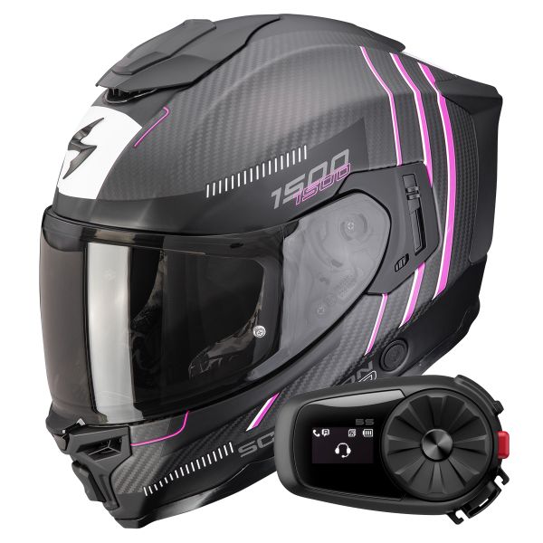Full Face Scorpion Exo 1500 Carbon Air Zity Matt Black Pink + Kit Bluetooth 5S Solo