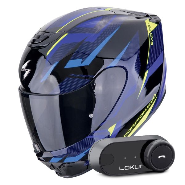 Full Face Scorpion Exo 391 Aaxo Black Blue + Kit Bluetooth Lokui K30