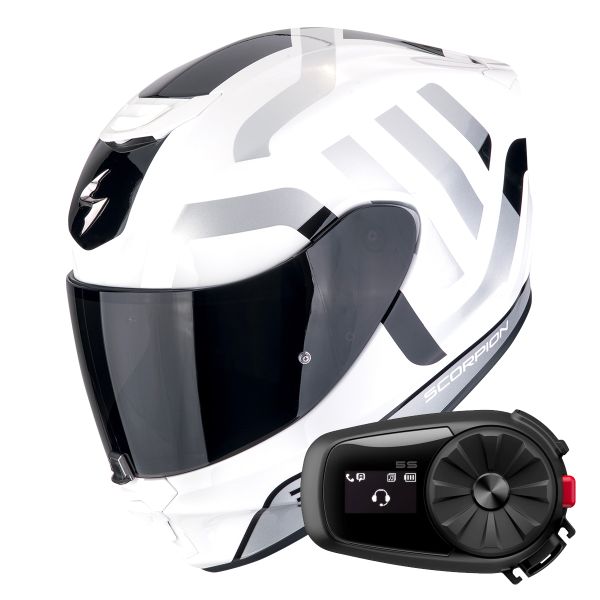 Full Face Scorpion Exo 391 Arok White Black Silver + Kit Bluetooth 5S Solo