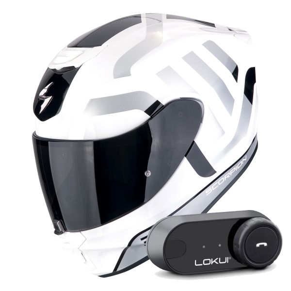 Full Face Scorpion Exo 391 Arok White Black Silver + Kit Bluetooth Lokui K30