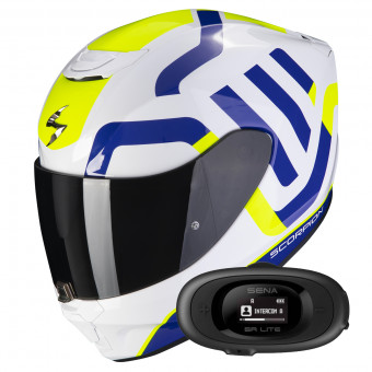 Full Face Scorpion Exo 391 Arok White Blue Neon Yellow + Kit bluetooth 5R Lite