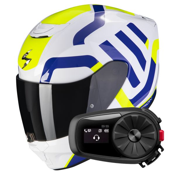 Full Face Scorpion Exo 391 Arok White Blue Neon Yellow + Kit Bluetooth 5S