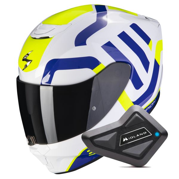 Full Face Scorpion Exo 391 Arok White Blue Neon Yellow + Kit bluetooth BT Mini
