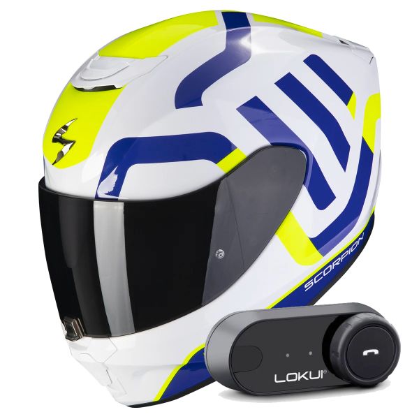 Full Face Scorpion Exo 391 Arok White Blue Neon Yellow + Kit Bluetooth Lokui K30