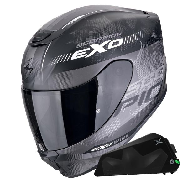 Full Face Scorpion Exo 391 Ava Matt Black Silver + Kit bluetooth Exo-Com Link-1C