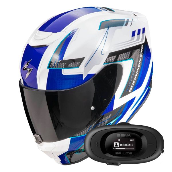 Full Face Scorpion Exo 391 Captor White Blue + Kit bluetooth 5R Lite Solo