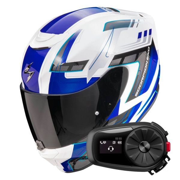 Full Face Scorpion Exo 391 Captor White Blue + Kit Bluetooth 5S Solo