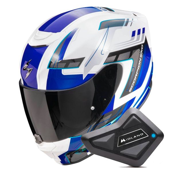 Full Face Scorpion Exo 391 Captor White Blue + Kit Bluetooth BT Mini