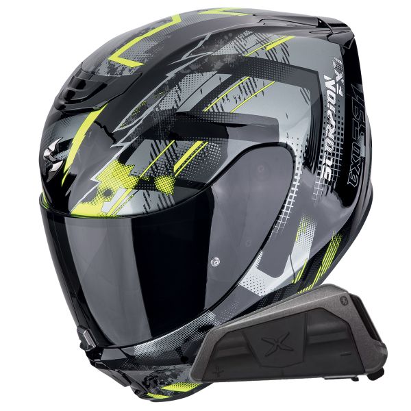 Full Face Scorpion Exo 391 Clutter Black Yellow Fluo + Kit bluetooth Exo-Com Link-1