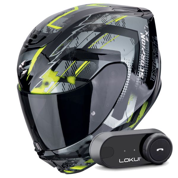 Full Face Scorpion Exo 391 Clutter Black Yellow Fluo + Kit Bluetooth Lokui K30