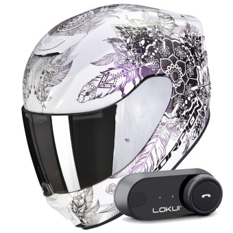 Full Face Scorpion Exo 391 Dream White Chameleon + Kit Bluetooth Lokui K30
