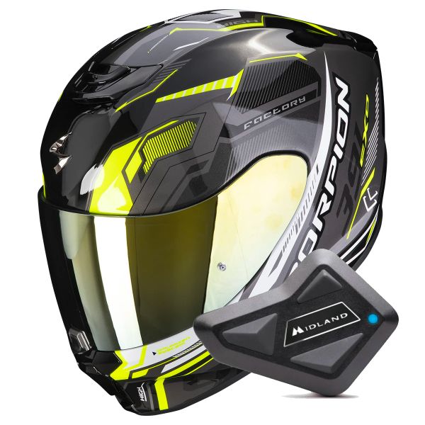 Full Face Scorpion Exo 391 Haut Black Silver Neon Yellow + Kit bluetooth BT Mini