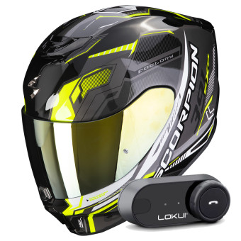 Full Face Scorpion Exo 391 Haut Black Silver Neon Yellow + Kit Bluetooth Lokui K30