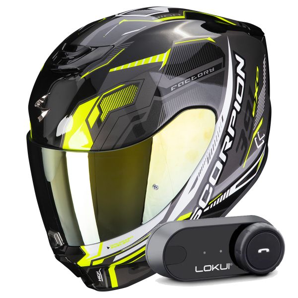 Full Face Scorpion Exo 391 Haut Black Silver Neon Yellow + Kit Bluetooth Lokui K30