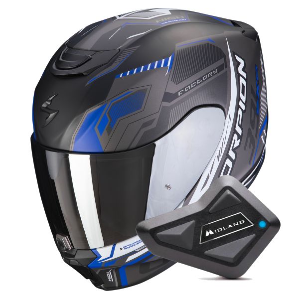 Full Face Scorpion Exo 391 Haut Matt Black Silver Blue + Kit bluetooth BT Mini