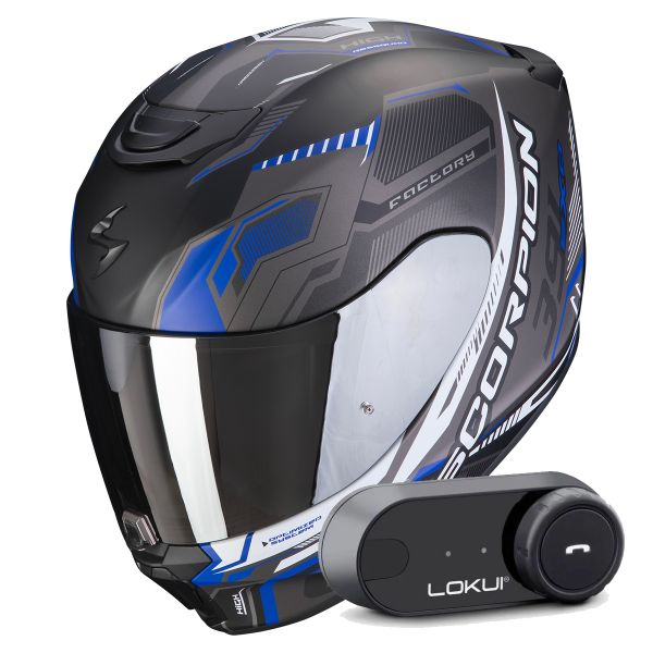 Full Face Scorpion Exo 391 Haut Matt Black Silver Blue + Kit Bluetooth Lokui K30