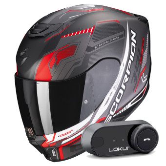 Full Face Scorpion Exo 391 Haut Matt Black Silver Red + Kit Bluetooth Lokui K30