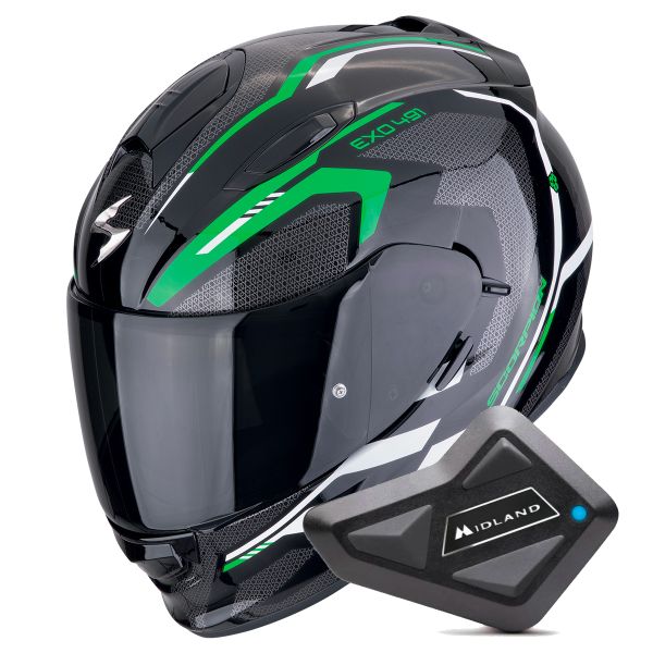 Full Face Scorpion Exo 491 Kripta Black Green White + Kit Bluetooth BT Mini