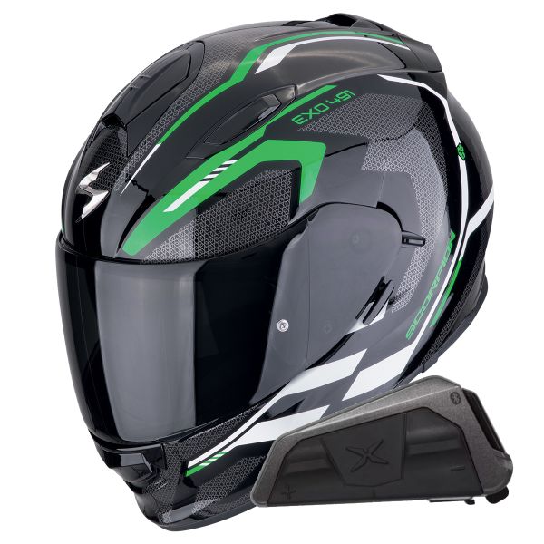 Full Face Scorpion Exo 491 Kripta Black Green White + Exo-Com Link-1 Bluetooth Kit