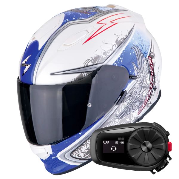 Full Face Scorpion Exo 491 Run White Blue + Kit Bluetooth 5S Solo