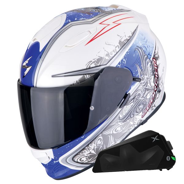 Full Face Scorpion Exo 491 Run White Blue + Exo-Com Link-1C Bluetooth Kit