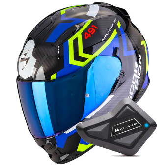 Full Face Scorpion Exo 491 Spin Black Blue Yellow Fluo + Kit Bluetooth BT Mini