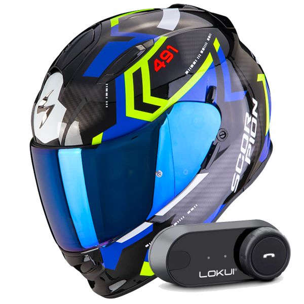Full Face Scorpion Exo 491 Spin Black Blue Yellow Fluo + Kit Bluetooth Lokui K30