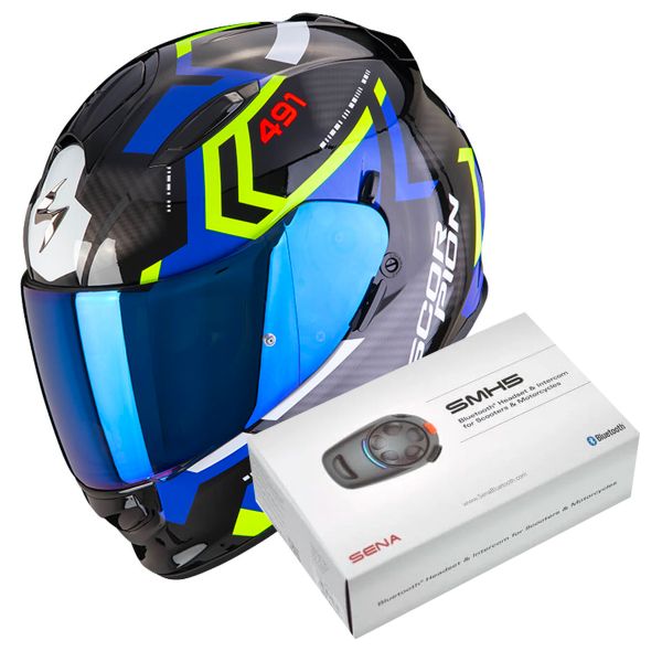 Full Face Scorpion Exo 491 Spin Black Blue Yellow Fluo + Kit Bluetooth SMH5
