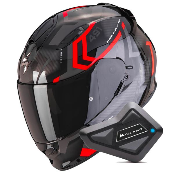 Full Face Scorpion Exo 491 Spin Black Red + Kit Bluetooth BT Mini