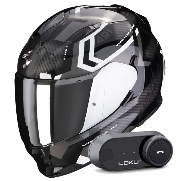 Full Face Scorpion Exo 491 Spin Black White + Kit Bluetooth Lokui K30