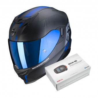Full Face Scorpion Exo 520 Air Laten Matt Black Blue + Kit Bluetooth SMH5 Solo