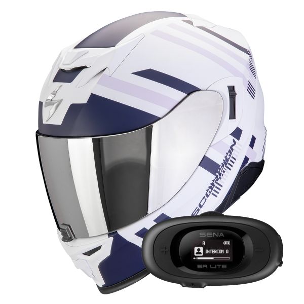 Full Face Scorpion Exo 520 Evo Air Banshee Matt White Blue Purple + Kit bluetooth 5R Lite