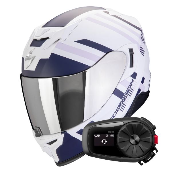 Full Face Scorpion Exo 520 Evo Air Banshee Matt White Blue Purple + Kit Bluetooth 5S Solo