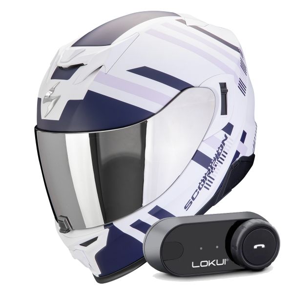 Full Face Scorpion Exo 520 Evo Air Banshee Matt White Blue Purple + Kit Bluetooth Lokui K30