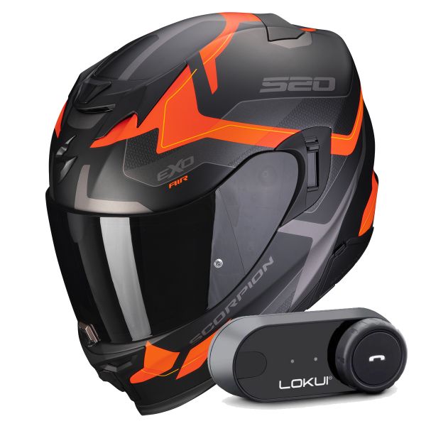 Full Face Scorpion Exo 520 Evo Air Elan Matt Black Orange + Kit Bluetooth Lokui K30