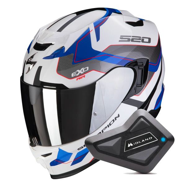 Full Face Scorpion Exo 520 Evo Air Elan White Blue + Kit Bluetooth BT Mini