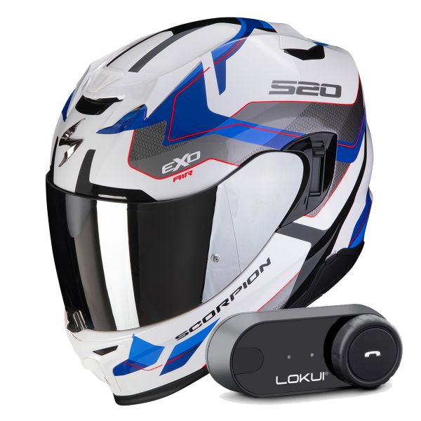 Full Face Scorpion Exo 520 Evo Air Elan White Blue + Kit Bluetooth Lokui K30