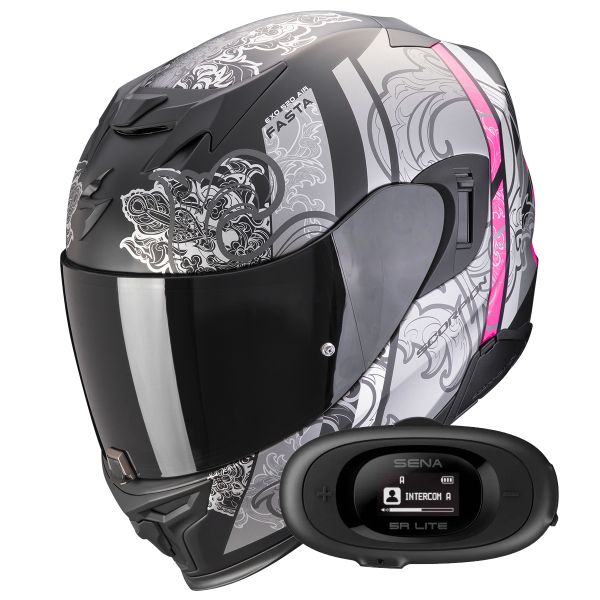 Full Face Scorpion Exo 520 Evo Air Fasta Matt Black Silver Pink + Kit bluetooth 5R Lite